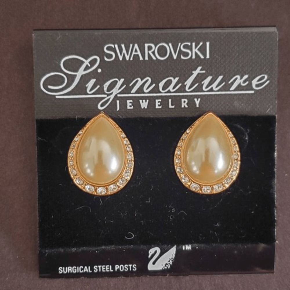 Swarovski Gold Plated Faux Pearl and Crystal Teardrop Stud‎ Earrings Swan Signed